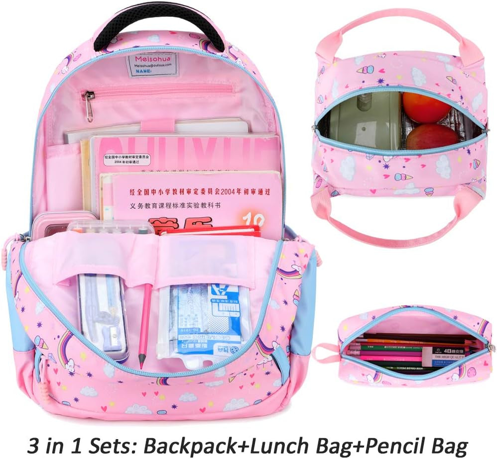 Girls Backpack with Lunch Box 3 in 1 Set Kids Backpack for Girls Preschool Kindergarten Elementary School Backpack