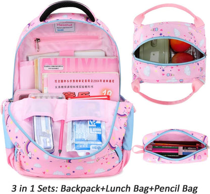 Girls Backpack with Lunch Box 3 in 1 Set Kids Backpack for Girls Preschool Kindergarten Elementary School Backpack